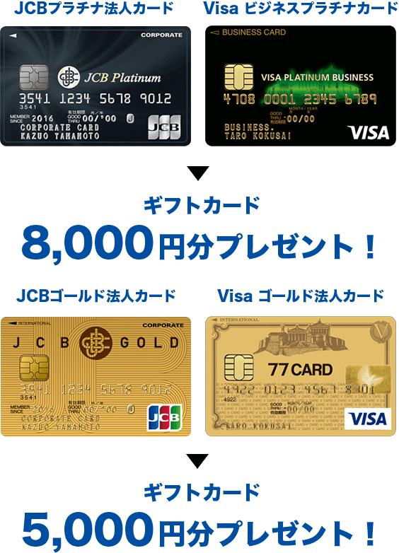 プラチナ法人カード入会でギフト8,000円分プレゼント、ゴールド法人カード入会でギフト5,000円分プレゼント